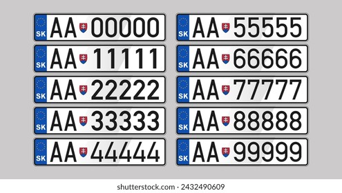 Vector set of happy unusual European car license plates of Slovakia. Collection of beautiful automobile transport signs of Europe. AA00000.