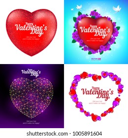 Vector set of Happy Valentine's Day greeting cards with red heart, flying birds, flowers and consisting of polygons, lines and points. Perfect to use for advertising design and other creative projects