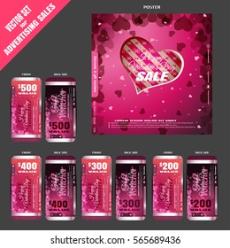 Vector set of Happy Valentine's Day sale promotional bundle with poster and discount vouchers on the gray background.