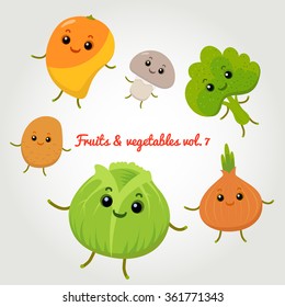 Vector set of happy vegetables and fruit. fruit faces
