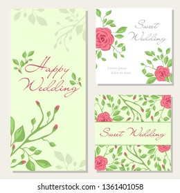 Vector set of Happy Wedding design cards. Concept with wedding gift cute card, cover, poster, banner. Floral wedding card design concept with Rose flower, eucalyptus, romantic trendy greenery bouquet.