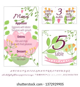 Vector set of Happy Wedding design cards. Concept with wedding Invitation, gift card, menu, cover, poster, banner. Floral wedding design concept with hand drawn flowers, leaves, greenery. Wedding font