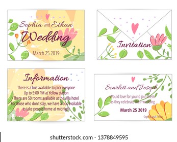 Vector set of Happy Wedding design cards. Concept with wedding Invitation, gift card, menu, cover, poster, banner. Floral wedding design concept with hand drawn flowers, leaves, greenery. Wedding font