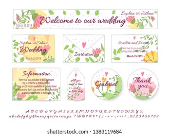 Vector set of Happy Wedding design cards. Concept with wedding gift card, Invitation, menu, cover, poster, banner. Floral wedding cards design with hand drawn flowers, leaves, greenery. Wedding font