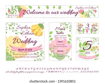 Vector set of Happy Wedding design cards. Concept with wedding gift card Invitation, menu, cover, poster, banner. Floral wedding cards design with hand drawn flowers, leaves, greenery. Wedding font