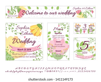 Vector set of Happy Wedding design cards. Concept with wedding Invitation, gift card, menu, cover, poster, banner. Floral wedding design concept with hand drawn flowers, leaves, greenery. Wedding font