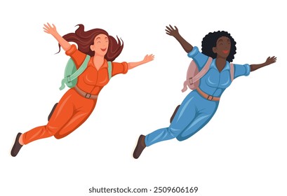 Vector set of  happy womans jumping with parachute isolated from background. Collection of European and African Skydivers cliparts. Extreme sport lifestyle concept. Flat style illustration