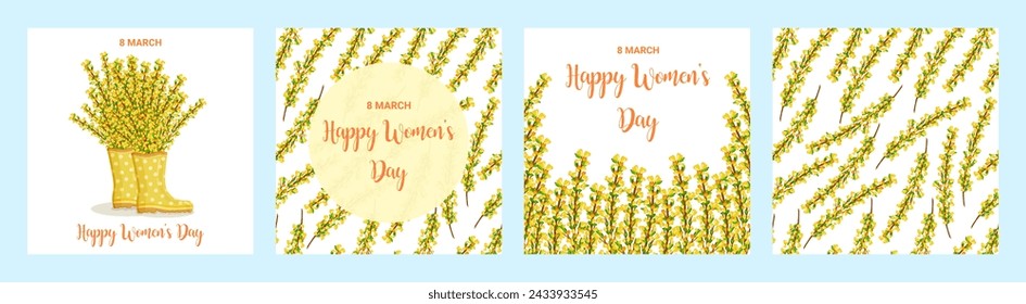 Vector set for Happy Women's Day holiday. Spring floral illustration with yellow forsythia flowers.