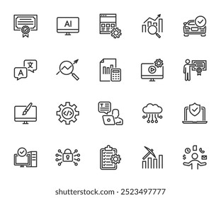 Vector set of hard skills line icons. Contains icons computer skill, cyber security, project management, accounting, data analysis, software development, video editing and more. Pixel perfect.