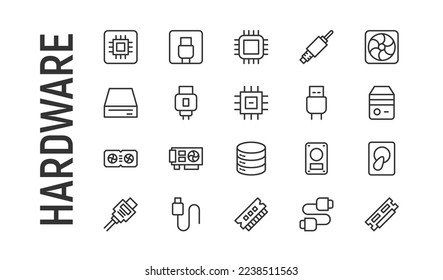 Vector set of hardware thin line icons. Design of 20 stroke pictograms. Signs of hardware isolated on a white background.