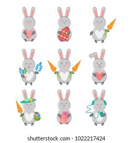 Vector set of hare with different subjects: heart, Easter egg, carrot, flowers, basket, gift, headphones. Cartoon illustration. 