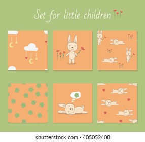 Vector set. Hare, flowers, cabbage. Bright, cartoon style.  Orange background for children's bedrooms and clothing