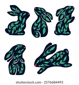 Vector set of hares clip art in folk art style. Collection of Easter rabbits with floral ornament isolated from background. Monochrome bunnies for icons and stickers