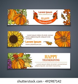 Vector set of harvest horizontal banners. Pumpkin, corn, sunflower, grape, apple and pear, acorn, autumn leaves and ribbon. Traditional autumn symbols. Thanksgiving template.