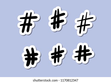 Vector set of hashtag sign stickers. Handwritten element for social media networks.