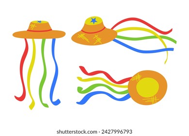 Vector set hat with colorful ribbons Brazilian folklore bumba meu boi festival accessory white background