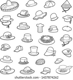 Vector set of hats, black and white collection of cartoon clothes and accessories