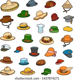 Vector set of hats, color collection of cartoon clothes and accessories