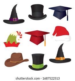 
Vector set of hats. Hats for Halloween, New Year, Graduation, etc.