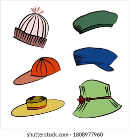 Vector set of hats, hand drawn icons in doodle style, collection of cartoon caps and headdress set, sketch illustration