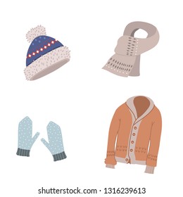vector set of hats, scarf, mittens and sweaters