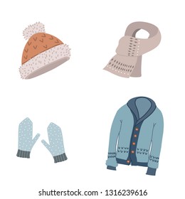vector set of hats, scarf, mittens and sweaters
