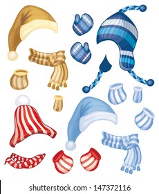 Vector set of hats, scarfs and gloves for design isolated.