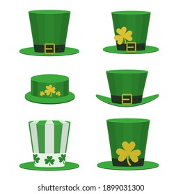 Vector set of hats for St. Patrick's Day. A collection of green hats for the holiday can be used for textiles, printing on flyers, business cards, holiday paraphernalia