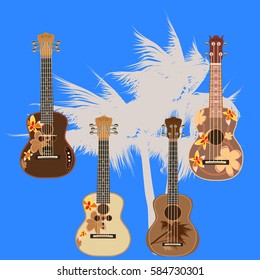 Vector set of hawaiian guitars. Traditional and electric ukulele, string plucked musical instruments isolated in flat style.