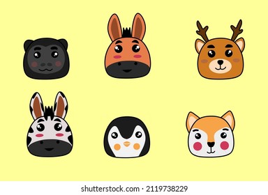 conjunto vectorial de animal de cabeza, conjunto de caricaturas lindas caras animales, ilustración vectorial, ciervo, pingüino, cebra, burro, gorila. serie divertida