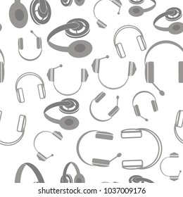 Vector Set of Headphones Seamless Pattern Isolated on White Background. Musical Stereophones Gray Silhouettes.