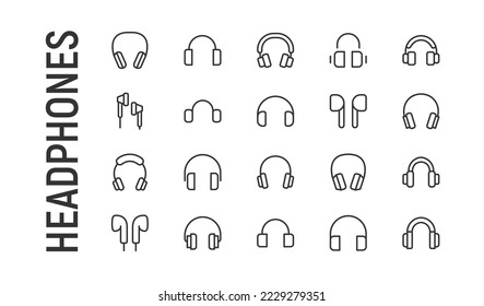 Conjunto vectorial de auriculares con iconos de línea delgada. Diseño de 20 pictogramas de infarto. Señales de audífonos aislados en un fondo blanco.