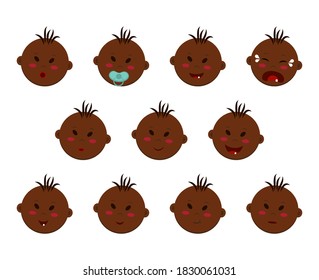 Vektorset eines dunkelhäutigen Jungen mit unterschiedlichen Gesichtsausdrücken und Stimmungen. Chubby Emoji-Struktur mit brauner Haut und braunen Augen