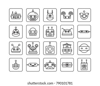 Vector set of heads robot character icons line style. Flat robots.