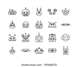 Vector set of heads robot character icons line style. Flat robots.