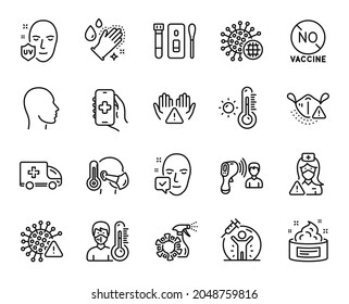Vector set of Health app, Ambulance emergency and Coronavirus line icons set. Clean hands, Thermometer and Covid test icons. Weather thermometer, Uv protection and Face accepted signs. Vector