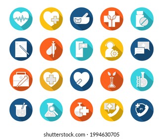Vector set of Health icons. Flat icons long shadow Healthy and app icon set. Simple graphic design ideas. Simple outline element collection.