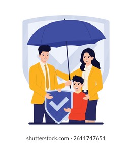 Vector set of health insurance concept with life family insurance checklist, doctors, patients, and protection symbols in flat design