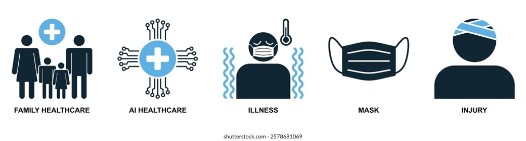 vector set of healthcare icons, medical or medicine medication, emphasizing healthcare and wellness pictogram symbol ui and ux design, glyphs