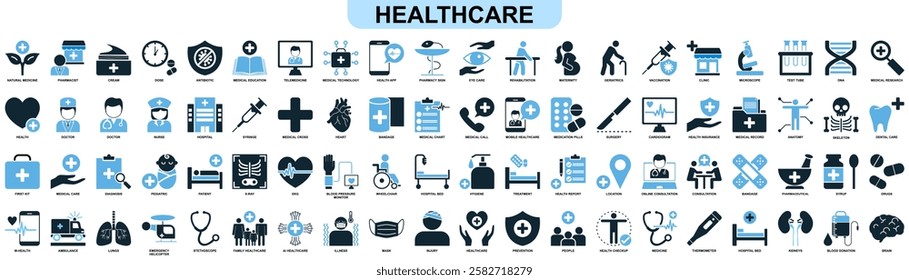 vector set of healthcare icons, medical or medicine medication, emphasizing healthcare and wellness pictogram symbol ui and ux design, glyphs