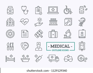 Vector set of healthcare icons. Outline medical symbols of microscope, heart, pills, doctor, clinic, ambulance, cardiogram for corporate policies