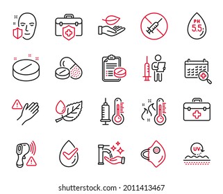 Vector Set of Healthcare icons related to Medical tablet, Washing hands and Medical insurance icons. Ph neutral, Face protection and Uv protection signs. Medical tablet web symbol. Vector