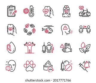 Vector Set of Healthcare icons related to No alcohol, Vaccine report and Vaccine announcement icons. Dont touch, Plants watering and Thermometer signs. Medical drugs, Cardio training. Vector
