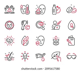 Vector Set of Healthcare icons related to No alcohol, Medical drugs and Vaccination passport icons. Face detect, Fever and Fitness water signs. Medical tablet, Electronic thermometer. Vector