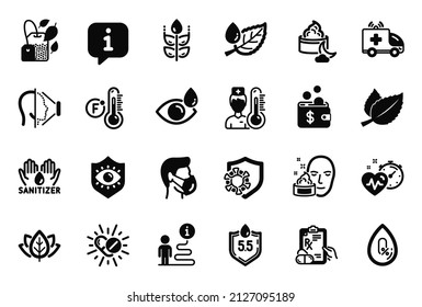 Vector Set of Healthcare icons related to Face id, Thermometer and Coronavirus icons. Ambulance car, Medical mask and Eye protection signs. Prescription drugs, Face cream and Eye drops. Vector