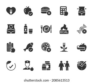 Vector set of healthy eating flat icons. Contains icons nutrition plan, metabolism, nutritionist, calorie counting, weight loss, water balance, calories, healthy food, dietary supplements and more.