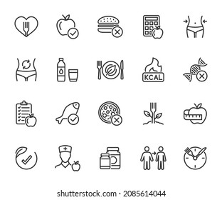 Vector set of healthy eating line icons. Contains icons nutrition plan, metabolism, nutritionist, calorie counting, weight loss, water balance, calories, healthy food, dietary supplements and more.