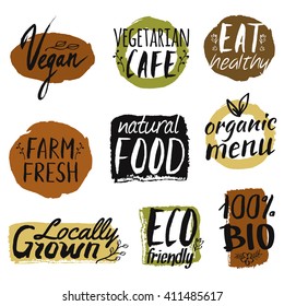Vector set with healthy, eco and organic food labels. Can be used for vegetarian restaurant, vegan cafe menu. Farm fresh and bio food concept.