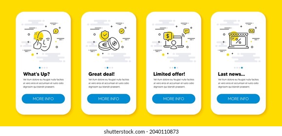Vector set of Healthy face, Savings insurance and Online shopping line icons set. UI phone app screens with line icons. Market icon. Healthy cosmetics, Money exchange, Internet buying. Vector