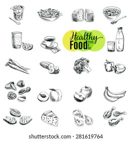 Vector set of healthy food. Vector illustration in sketch style. Hand drawn design elements.